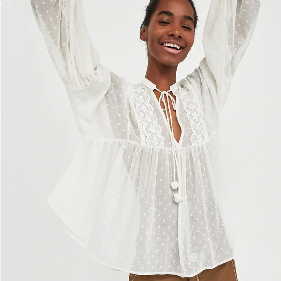 Zara Tops - Zara Dotted Mesh Blouse with Lace